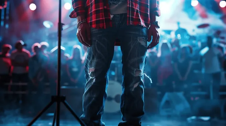 Red plaid flannel shirt and distressed blue jeans, casual style for concerts or everyday wear. Comfortable and stylish.