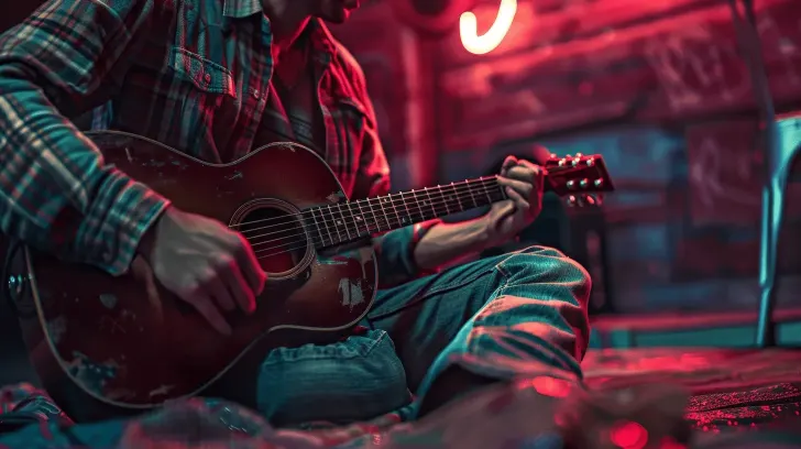Acoustic guitar with vintage finish, ideal for music enthusiasts, features wooden body and classic design for rich sound.