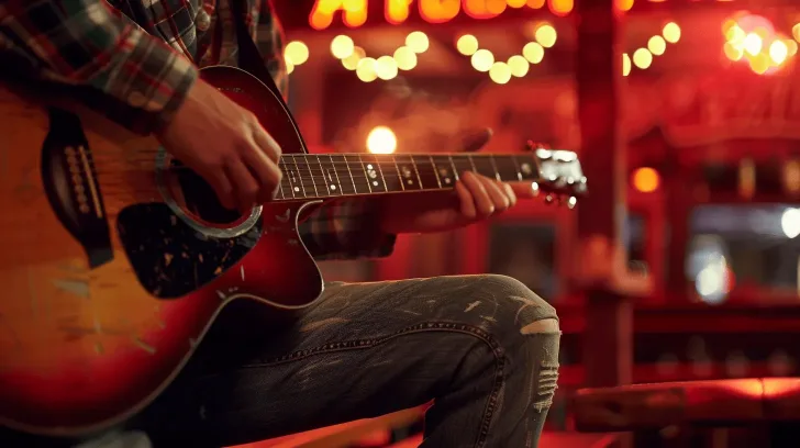 "Sunburst acoustic guitar in rustic setting, ideal for live performances. Durable wood with rich sound quality."