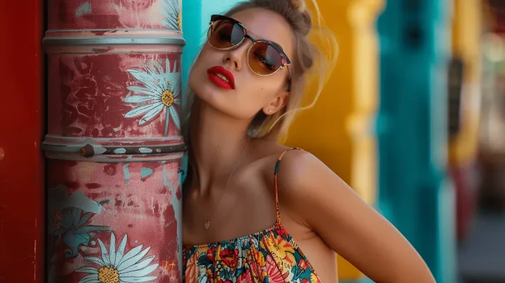 Colorful floral sundress with spaghetti straps, ideal for summer outings. Made from lightweight, breathable fabric.