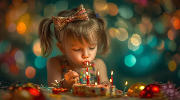 Colorful birthday cake with lit candles, ideal for celebrations. Features festive decorations and vibrant design.
