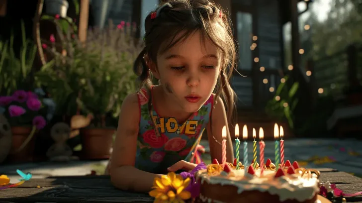 Colorful birthday cake with lit candles, outdoor garden setting, perfect for celebrations and parties.