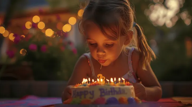 Colorful birthday cake with lit candles, outdoor setting, ideal for celebrations and parties. Perfect for festive occasions.