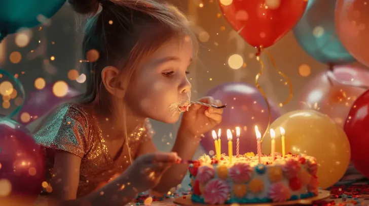 Colorful birthday cake with lit candles, surrounded by festive balloons, perfect for party celebrations.