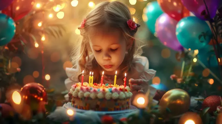 Colorful birthday cake with lit candles surrounded by festive balloons, perfect for celebrations and parties.