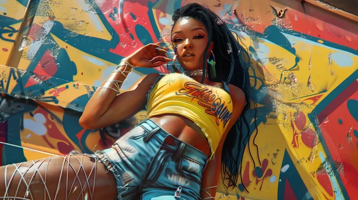 Yellow graphic crop top and denim shorts set, urban streetwear style, perfect for summer casual outings.