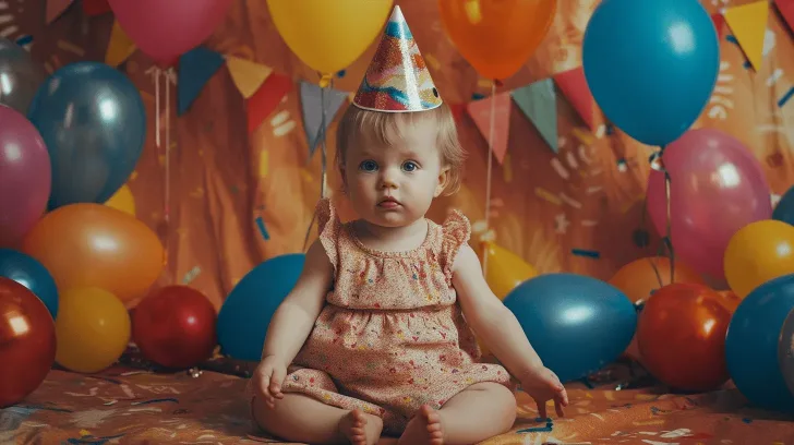 Colorful party scene with balloons and bunting, featuring a baby in a floral dress and party hat, perfect for celebrations.