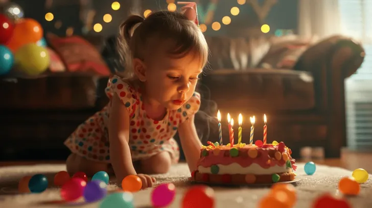 Colorful birthday cake with lit candles, surrounded by balloons, ideal for celebrations and parties, festive atmosphere.