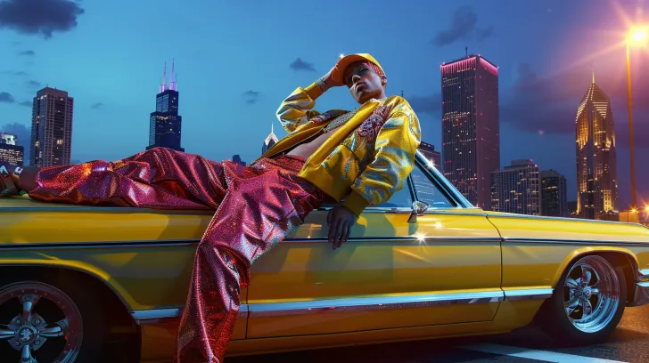 Yellow vintage car with city skyline at dusk, featuring glossy red pants and bright yellow jacket, urban fashion style.