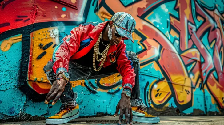 Red leather jacket with colorful graffiti design, urban street style, ideal for casual wear, bold fashion statement.
