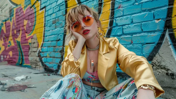 Stylish gold satin blazer with vibrant graffiti background, perfect for urban fashion and casual wear.