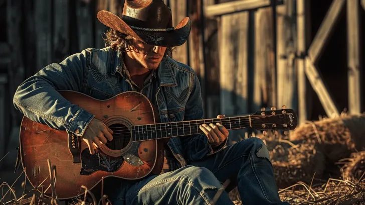 Brown acoustic guitar in rustic setting, ideal for country music enthusiasts. Durable wood construction, classic design.