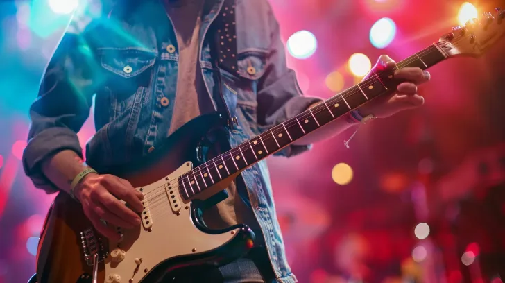 Electric guitar in sunburst finish, six-string, for rock music, featuring a classic body style, ideal for live performances.