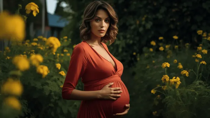 Red maternity dress in lightweight fabric, perfect for summer wear, featuring a flattering wrap style amidst garden flowers.