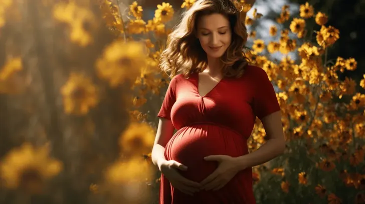 Red maternity dress in soft fabric, perfect for comfort and style during pregnancy, surrounded by sunflowers outdoors.