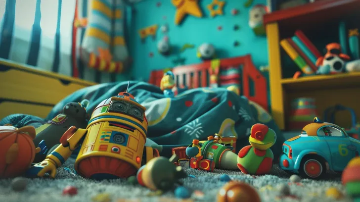 Colorful vintage toy set for kids, featuring robots and cars, ideal for playroom decor and imaginative play.