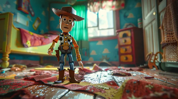 Toy cowboy figurine in brown hat, blue jeans, and plaid shirt, standing on a colorful rug in a themed room.