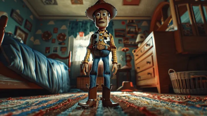 Toy cowboy figure with brown hat and boots, blue jeans, and yellow plaid shirt in a colorful bedroom setting.