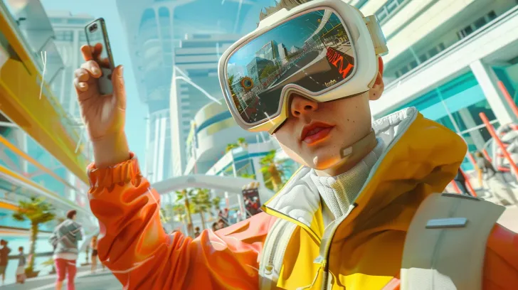 Futuristic white VR headset with reflective visor, worn with yellow-orange jacket, ideal for immersive experiences.