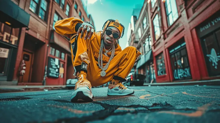 Yellow streetwear tracksuit with matching sneakers, urban style, perfect for casual outings and hip-hop fashion.