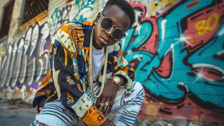 Colorful graffiti-inspired streetwear jacket with geometric patterns, perfect for urban fashion enthusiasts.