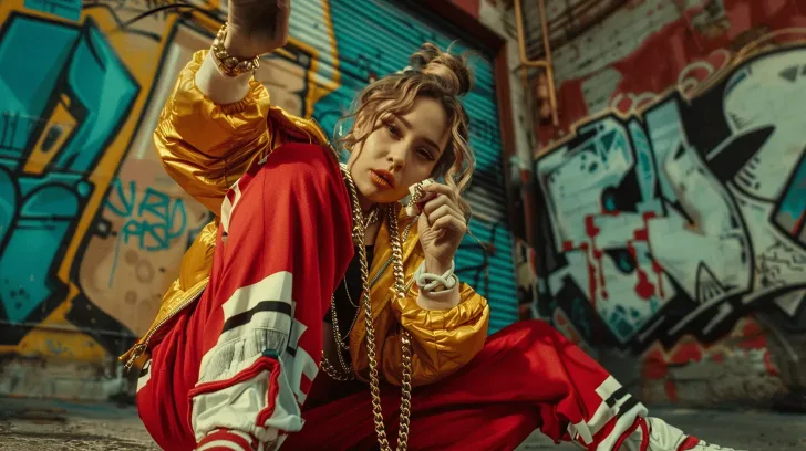 Yellow bomber jacket and red joggers set with urban street style, perfect for casual wear.