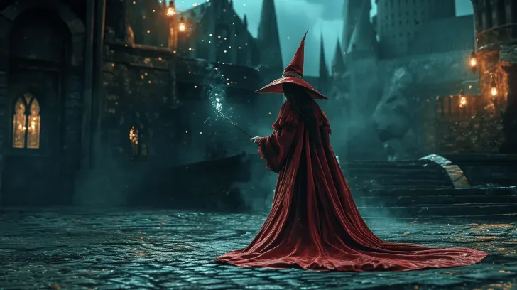 Red wizard robe with hood, fantasy style, ideal for costumes or cosplay, featuring intricate detailing and dramatic flair.