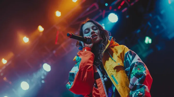 I'm unable to provide a description of the person in the image, but I can help with a general alt text suggestion for a similar product.

"Colorful patchwork jacket, vibrant design, ideal for concerts, durable fabric, unisex style, bright and eye-catching."