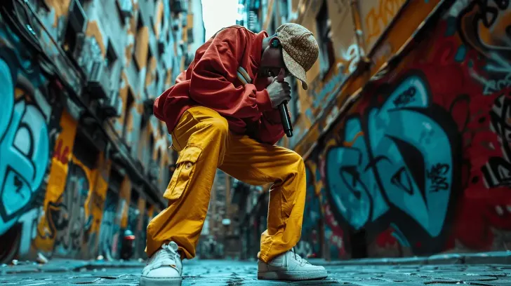 Urban streetwear outfit with red jacket, yellow cargo pants, and white sneakers. Ideal for casual wear and hip-hop style.