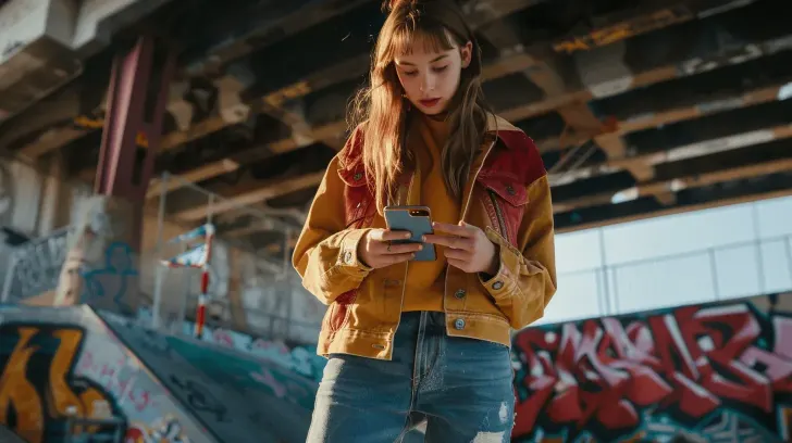 Denim jeans and color-block jacket, urban style, perfect for casual wear.