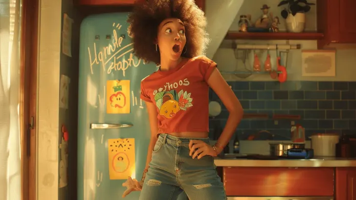 Red graphic t-shirt with fruit design, casual style; paired with blue denim jeans in a cozy kitchen setting.