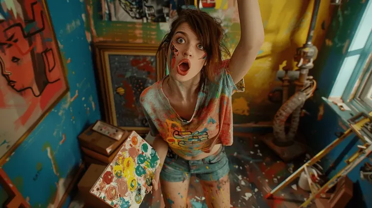 Colorful abstract art-themed room with vibrant painted walls and creative elements, perfect for artistic inspiration.