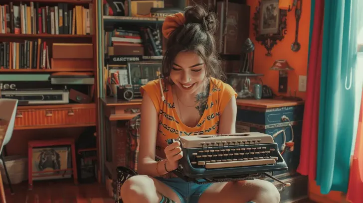 Vintage typewriter with beige keys, retro design, perfect for collectors and enthusiasts, shown in a cozy room setting.