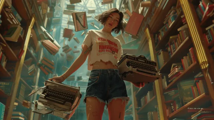 White graphic t-shirt and blue denim shorts in a library setting, perfect for casual wear.