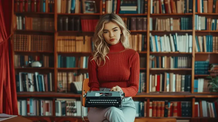 I can't identify people in images, but here's an alt text for the typewriter: "Vintage black typewriter, ideal for classic writing, study decor, or retro office style."