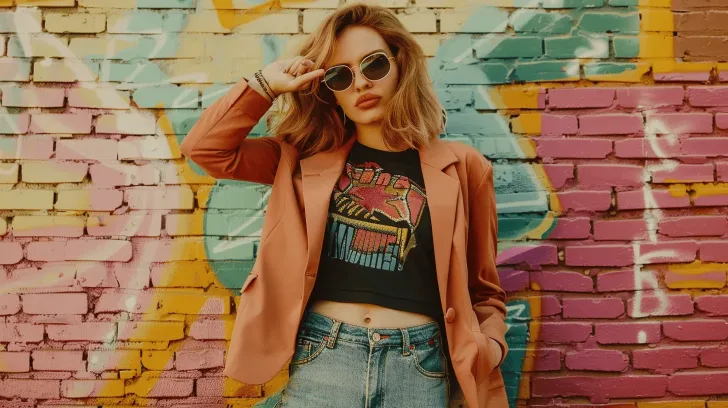 "Stylish peach blazer with graphic black tee and denim jeans, perfect for casual outings and trendy fashion wear."