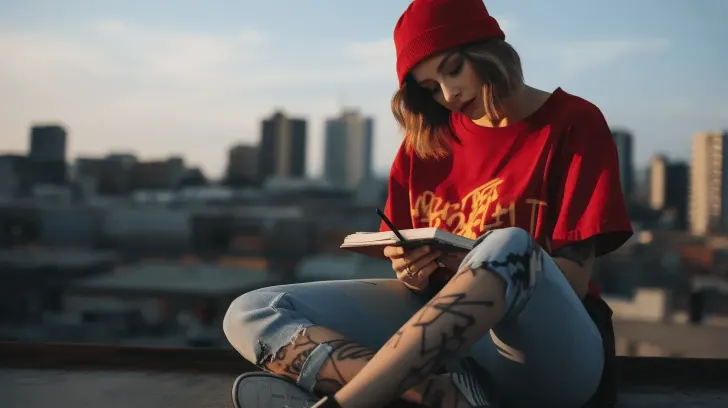 Red urban streetwear t-shirt with graphic design, paired with a matching beanie. Casual style for everyday wear.