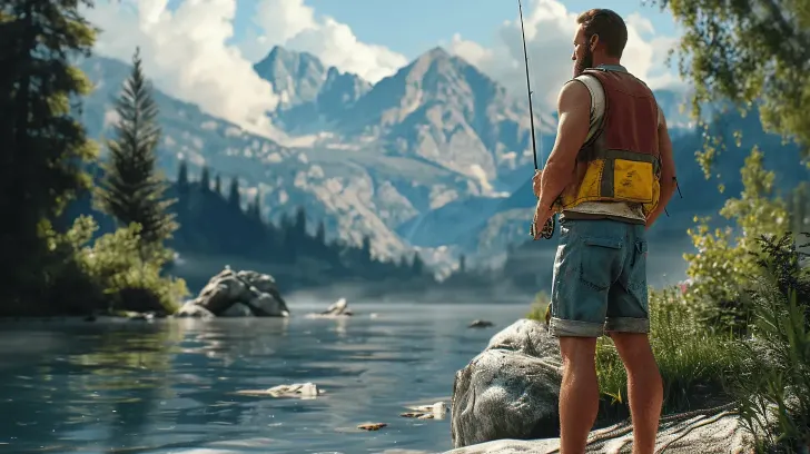 Fishing vest with multiple pockets in orange and yellow, durable outdoor gear for anglers, made from waterproof material.