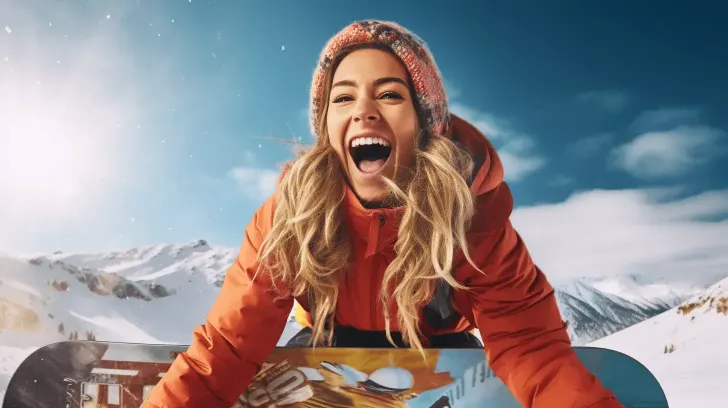 Alt text: "Orange winter jacket with hood, ideal for snowboarding, featuring durable, weather-resistant material."