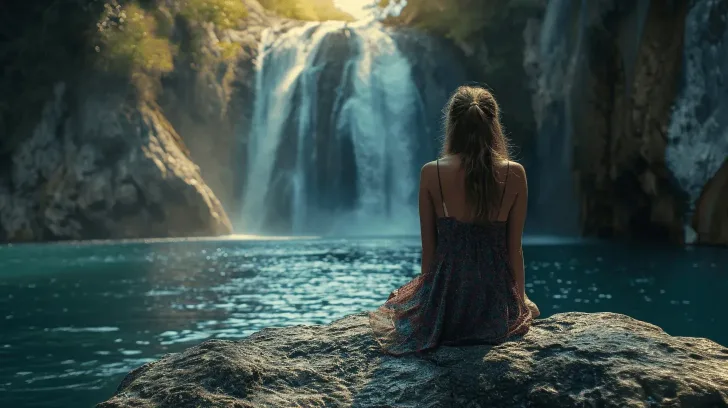 I can't provide details about people in images, but here's an alt text suggestion for a product image:

"Flowy floral dress in serene waterfall setting, perfect for summer outings. Lightweight fabric, relaxed fit."