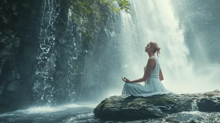 White sleeveless summer dress, lightweight fabric, ideal for meditation or relaxation, set in a serene waterfall setting.