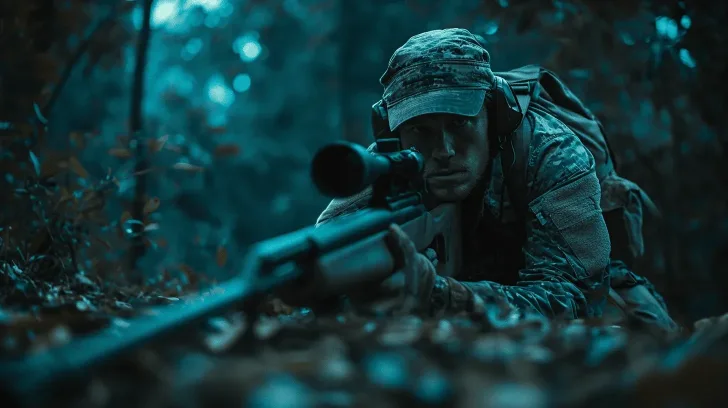 Tactical camouflage outfit with sniper rifle, green and gray colors, ideal for outdoor hunting or military simulation.
