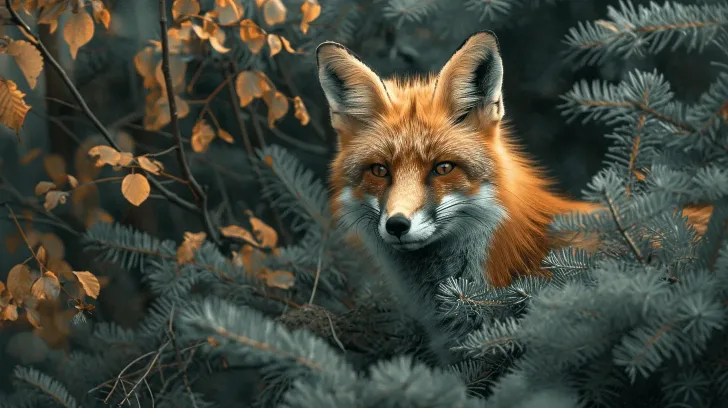 Red fox in dense foliage, showcasing vibrant orange fur and delicate features, ideal for wildlife photography or decor.