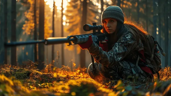 Alt text: "Camouflage hunting gear with rifle, ideal for outdoor activities in forest settings, featuring durable fabric."