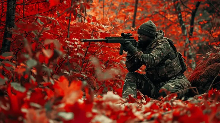 Camouflage tactical gear in forest setting, ideal for outdoor activities and hunting, durable material for rugged use.