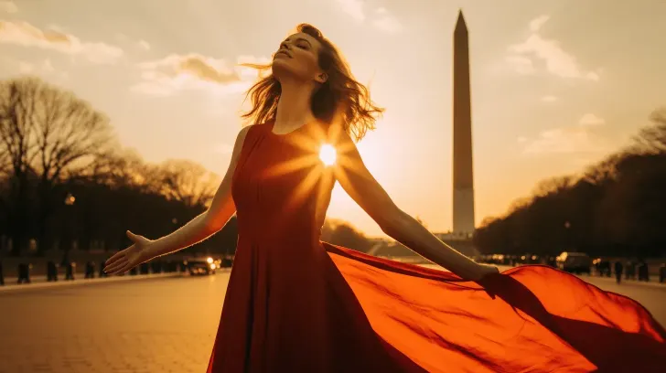 Red sleeveless evening gown flowing in sunset, elegant style, perfect for formal events and special occasions.