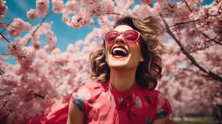 Red floral dress with pink sunglasses, perfect for spring outings, surrounded by cherry blossoms.