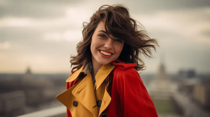 Red and yellow double-breasted trench coat, stylish and vibrant, perfect for autumn wear, made from durable material.