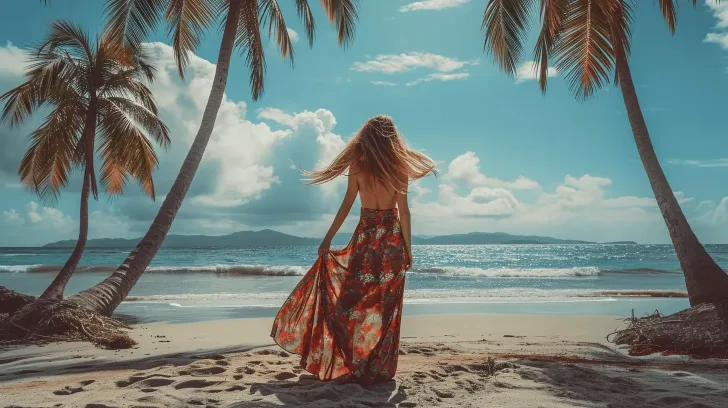 Floral maxi dress in vibrant colors, perfect for beach outings. Lightweight, flowy material for summer comfort.