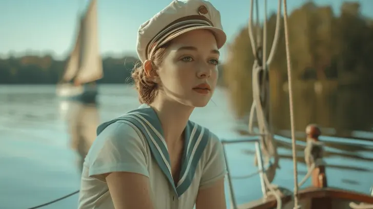 "Sailor-style white cap with navy trim, perfect for nautical-themed outfits, casual wear, or boating accessories."